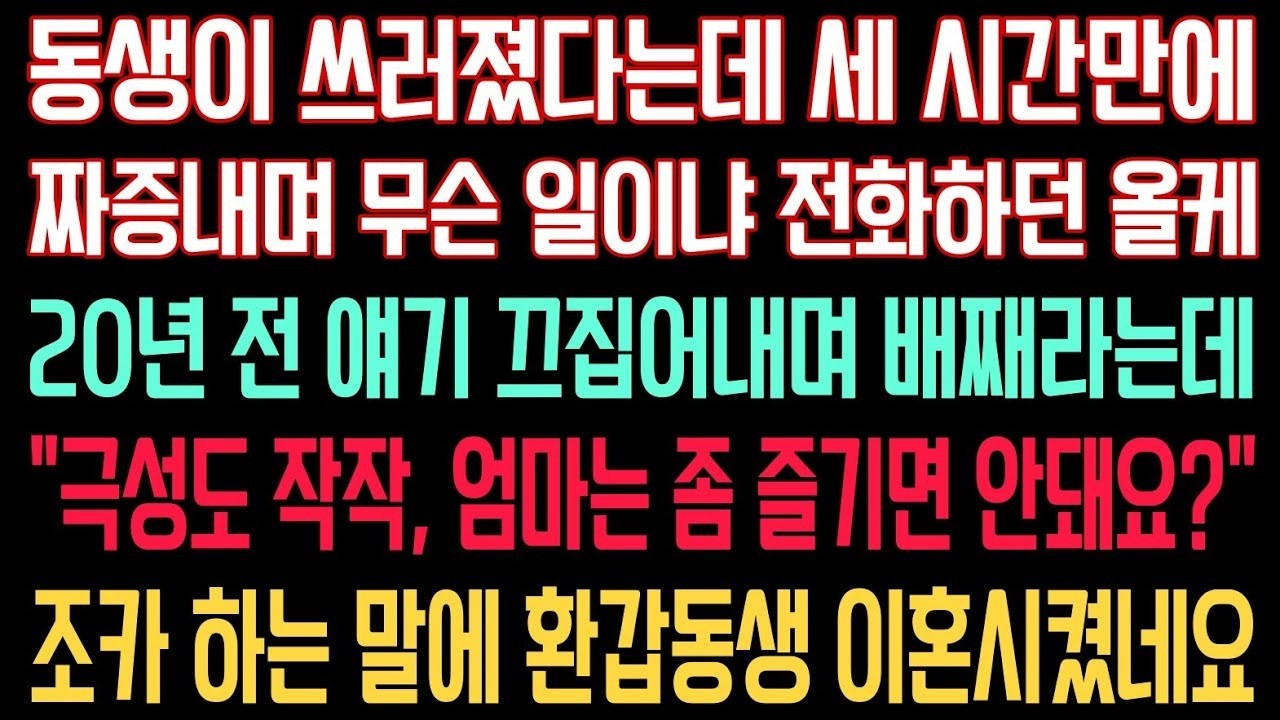 동생이 쓰러졌다는데  짜증내며 무슨 일이냐 전화하던 올케 20년 전 얘기 끄집어내며 배째라는데' 극성도 작작 엄마는 좀 즐기면 안돼요 ' 조카 하는 말에 환갑 동생 이혼시