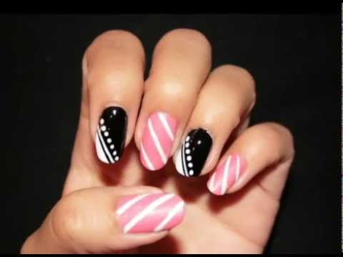 Stripes! Pink, Black And White Nail Design - YouTube Pink, black and white nail design - Stripes! Pink, Black And White Nail Design - YouTube