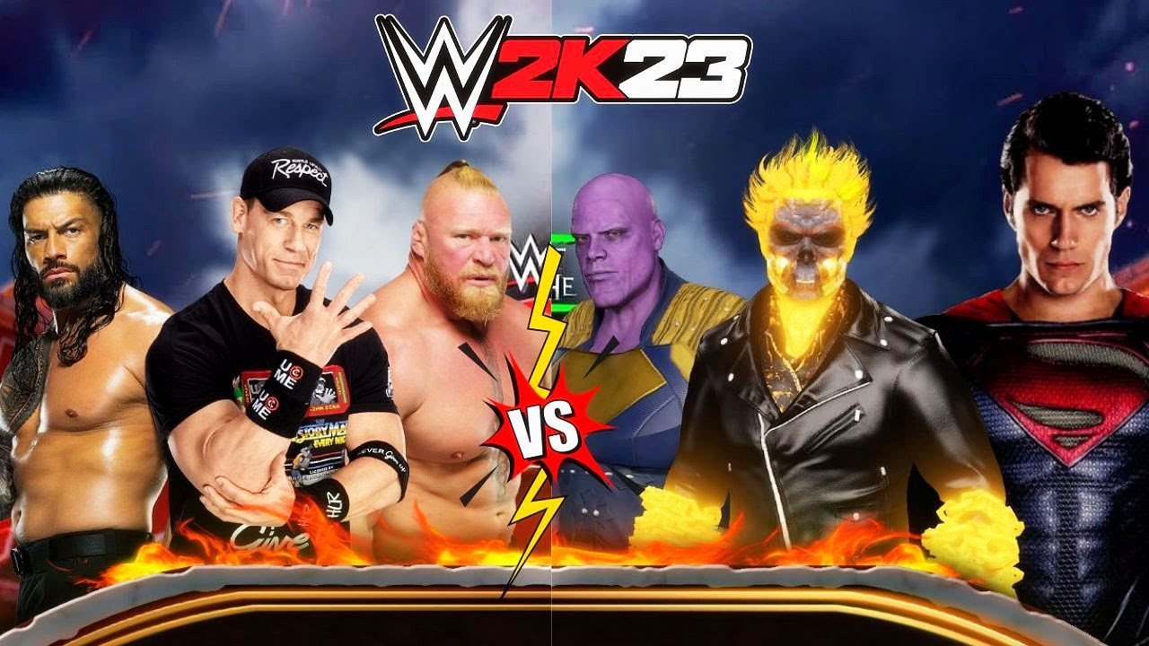 Roman Reigns Brock Lesnar & John Cena vs Superman Thanos & Ghost Rider - WWE 2K23 Gameplay