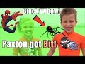 Paxton got bit by a black widow he is spiderman