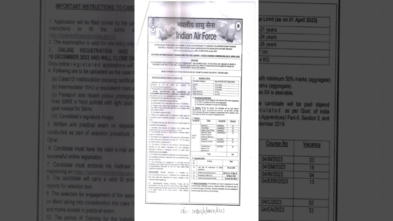 Apprenticeship Training AFTWT 01and2023 Recruitment Indian Air Force
