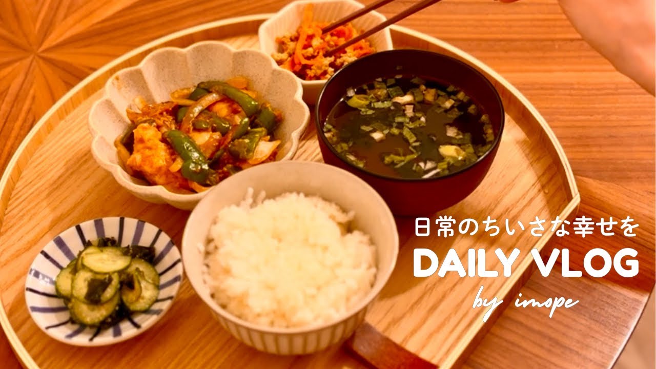 【vlog】なんでもない日の夕食の記録🍽️｜鶏むね肉とピーマンのオイスター炒め｜平日の食事・レシピ・簡単・作り置き・料理を楽しむ・節約