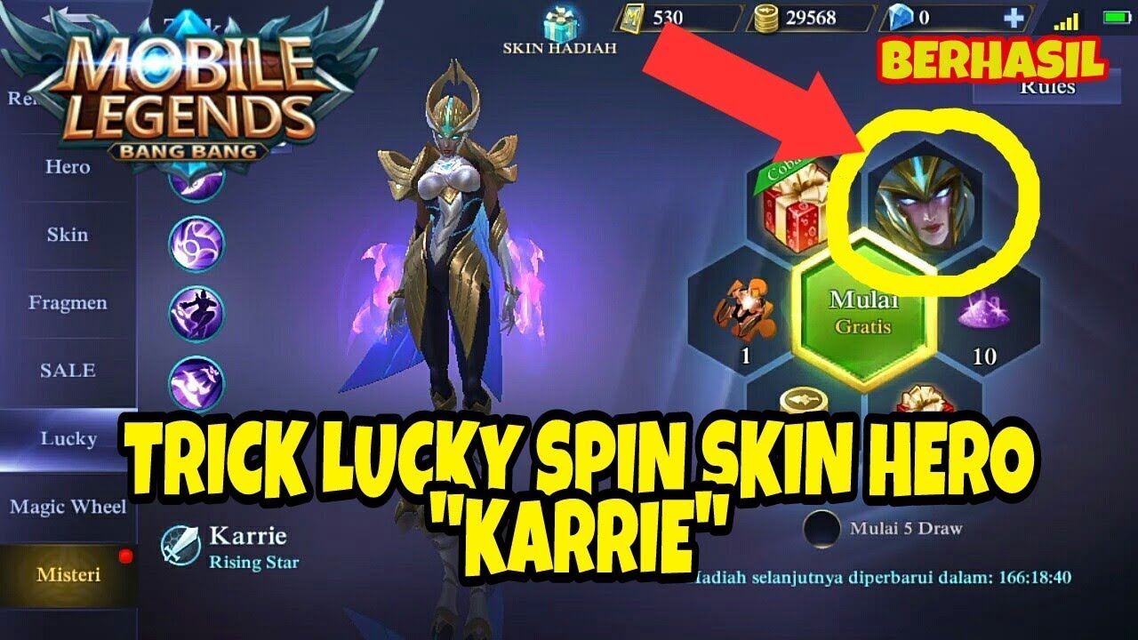 TRICK LUCKY SPIN SKIN HERO KARRIE MOBILE LEGENDS - YouTube