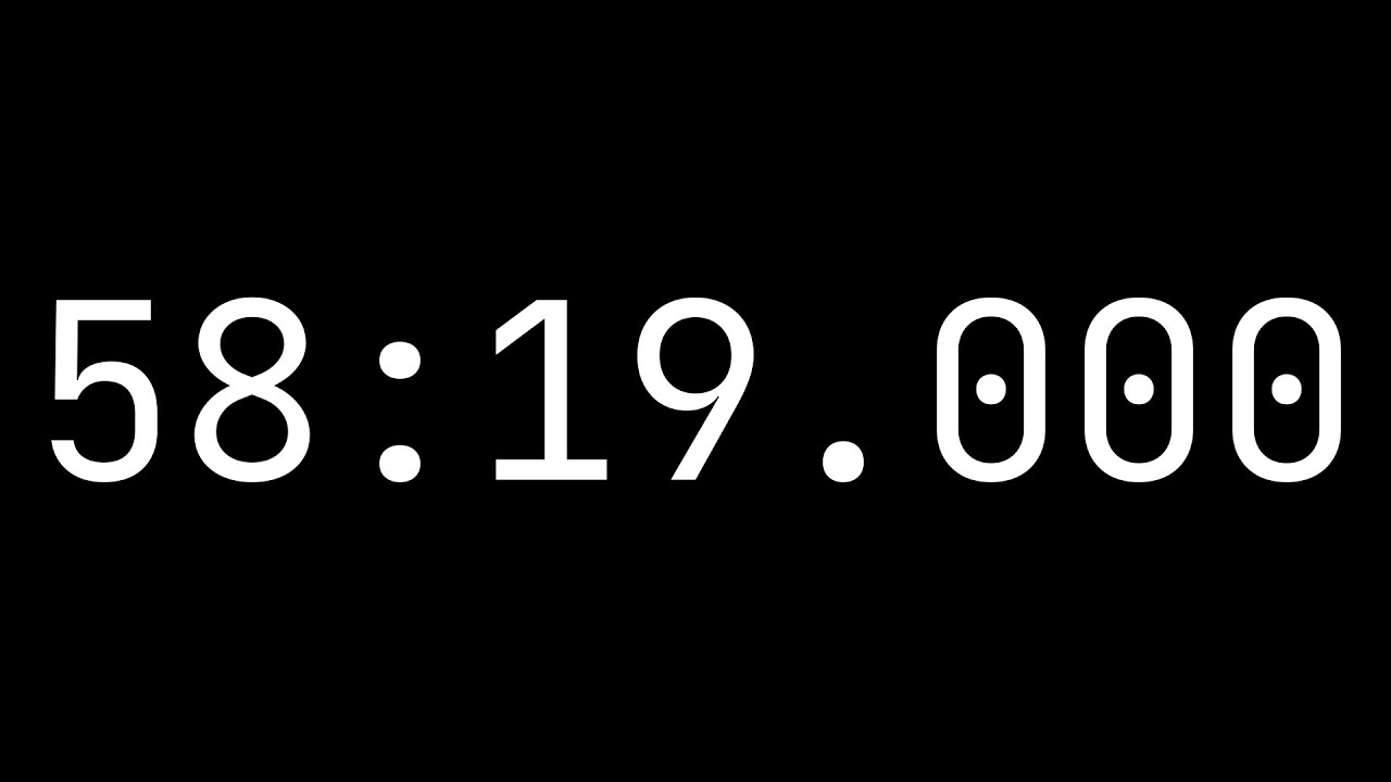 Countdown timer 58 minutes, 19 seconds [58:19.000] - White on black ...