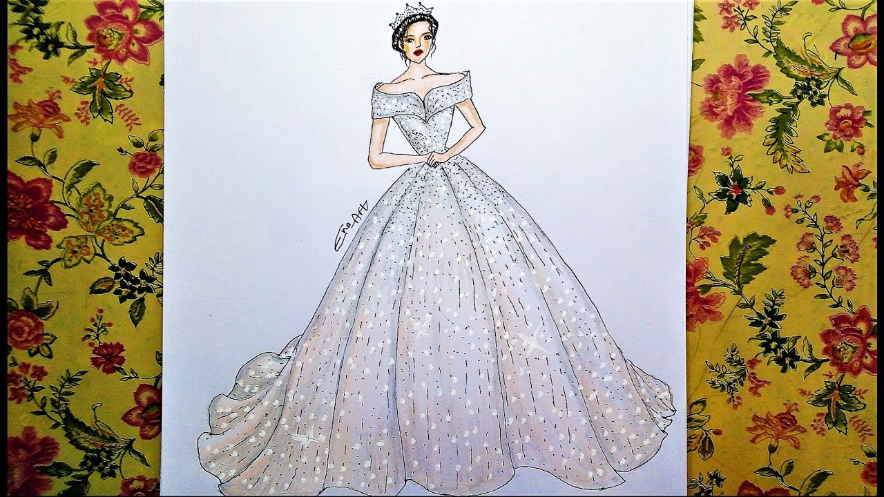 Designer Sketch of Pink Oversized 3d Flower Ball Gown - Lunss