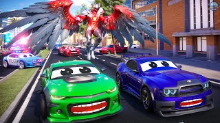 Cars vs Birdman's Rampage: Epic City Destruction & Daring Police Cars Rescue! Hero Cars City
