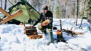 Solo Hot Tent Winter Camping in Snow - Delicious Camp Food - DIY Crafts