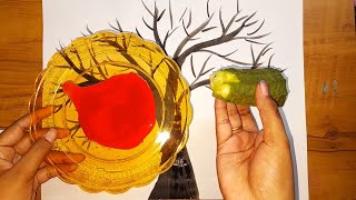 Red Tree Painting Using Bottlerguardvegetable Printing