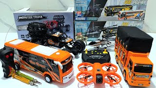 UNBOXING BUS BARU BUS TELOLET BASURI, TRUCK MONSTER, TRUCK OLENG, HELIKOPTER & DRONE RADIO KONTROL