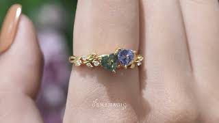 Heart Cut Moss Agate And Cornflower Sapphire Leaf Inspired Toi et Moi Engagement Ring - Eveline