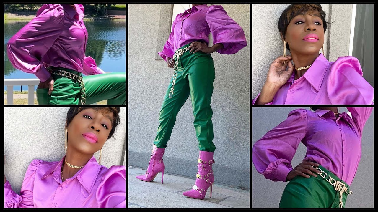 Azalea Wang patent pink faux leather ankle boots Fashion Nova green faux leather pants styling
