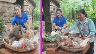 Mother and daughter cooking chickens with country style - Sreypov life show