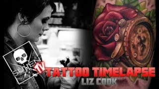 Tattoo Time Lapse - Liz Cook - Tattoos Color Rose and Timepiece