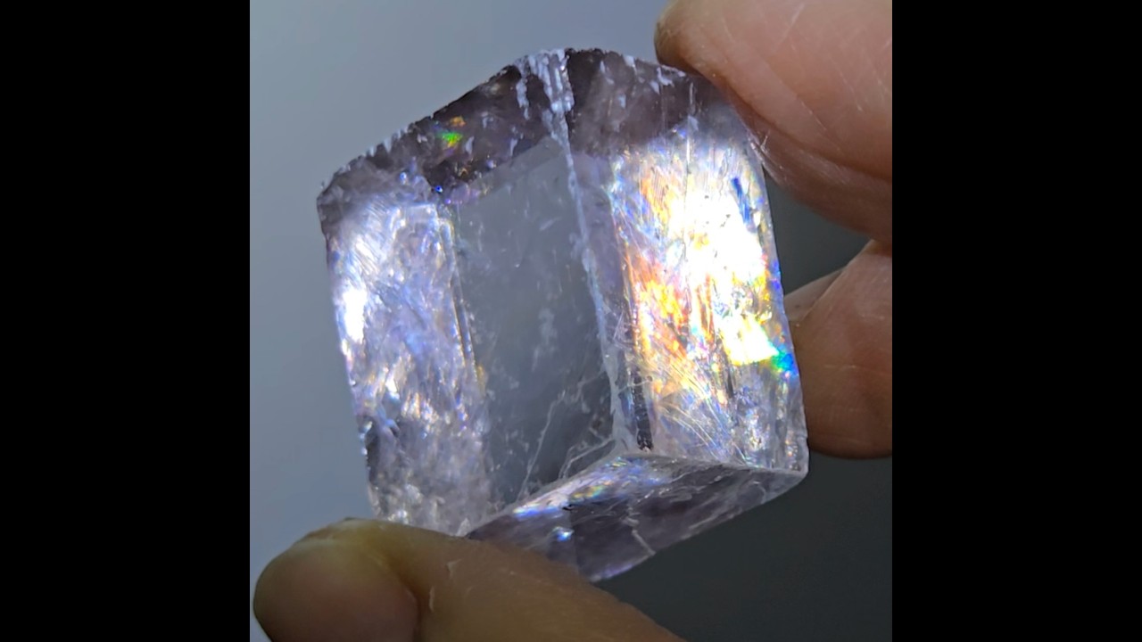 Purple calcite cube with rainbows - PC14