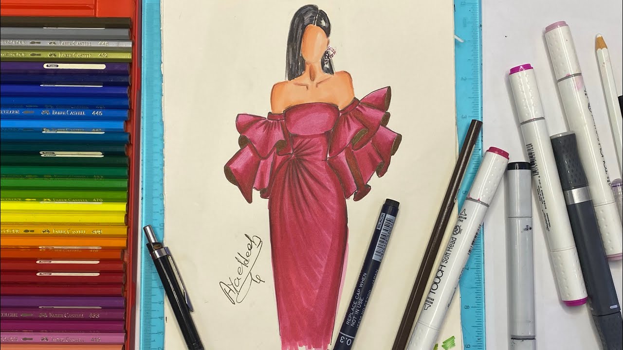 تصميم ازياء : تلوين فستان خامه ستان خطوه بخطوه الوان ماركر | fashion sketching tutorial