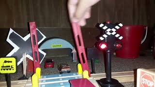 Canadian Pacific train going over wooden railroad crossing