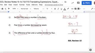 SOL Review 15-16 Translating Expressions, Equations, and Inequalities