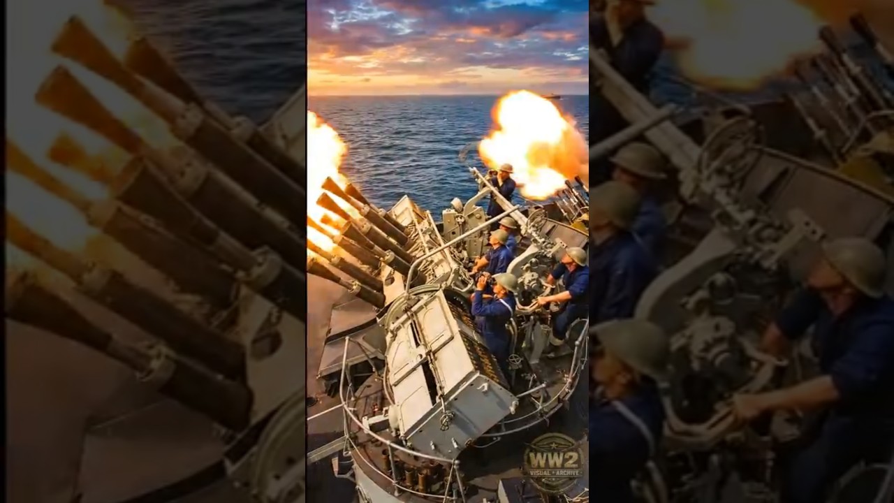 Overhead view of an 8-barrelled QF 2-pounder Pom-Pom firing against low-level attack in colorized 4K
