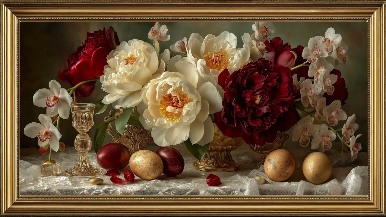 Pantalla Floral Elegante 4K  Peonías y Orquídeas con Huevos Dorados  Arte de Pascua para TV