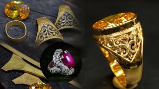 แหวนทองผู้ชาย พลอยเหลือง ฉลุลายไทย    how to make gold jewelry, Cincin pria, gold ring for men