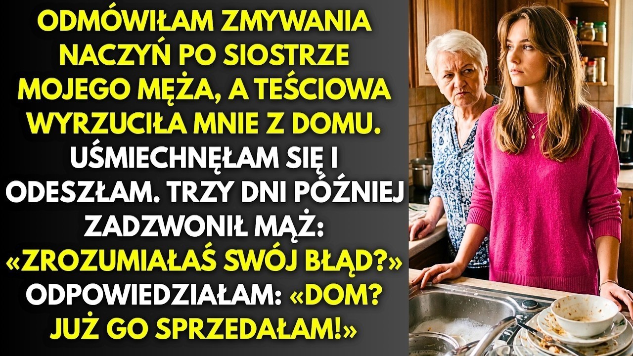 Ledwo zdążyłam odłożyć talerz, gdy teściowa rzuciła: „W tym domu kobieta zmywa naczynia. Zawsze tak było i tak będzie." Spojrzałam na Bartłomieja, czekając, aż się odezwie — on tylko spuścił...
