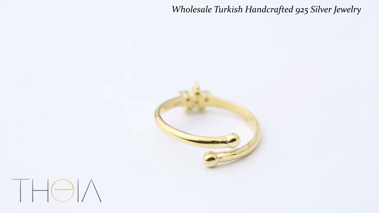 Flower Design Emerald Stone Adjustable Ring Turkish Handmade Wholesale 925 Sterling Silver Jewelry