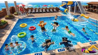 🌴🍭🏊Party crowd relaxing by the pool near a luxurious mansion, where a group of friends has gathered.