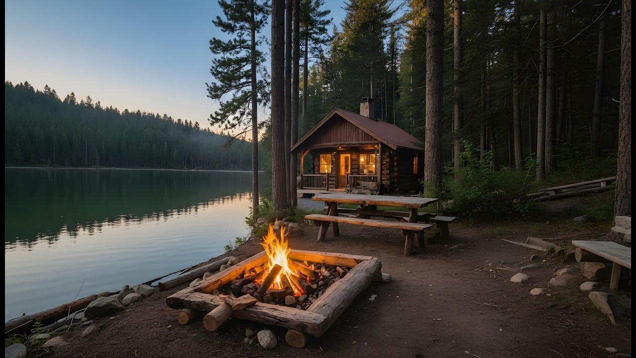 A Cozy Cabin by the Lake with a Warm Campfire 🔥🏡 - YouTube