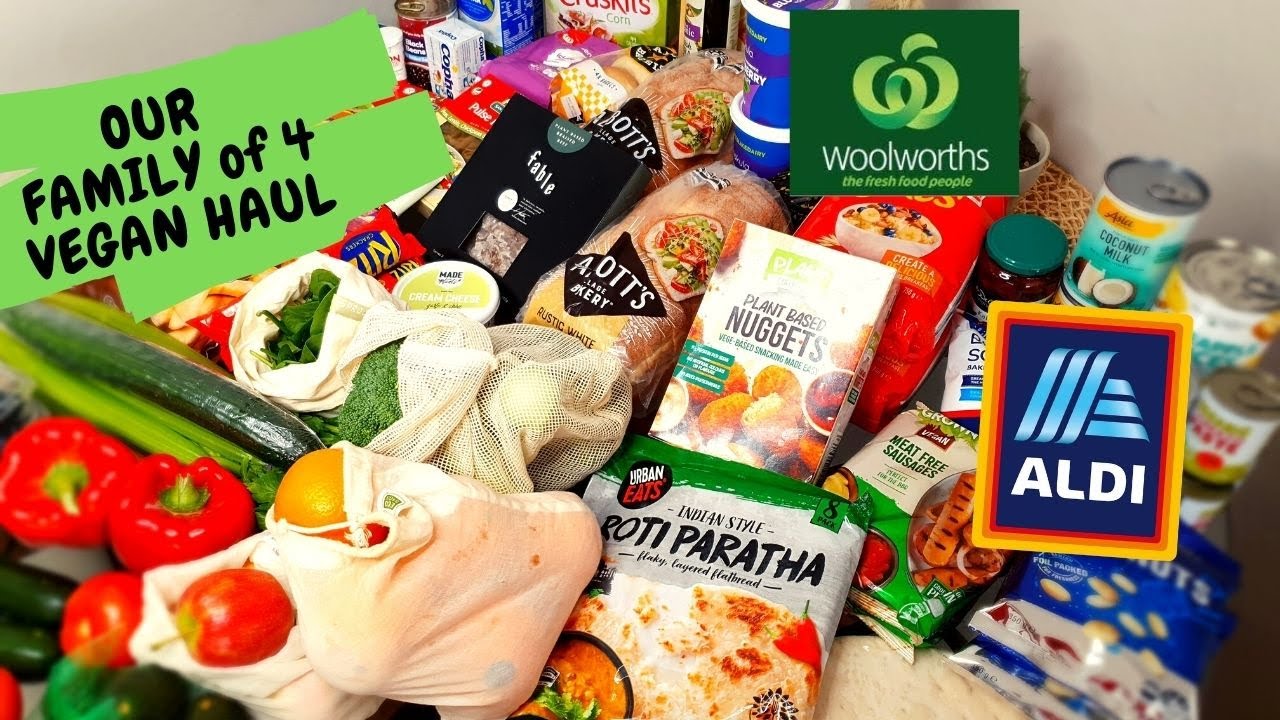 FAMILY OF 4 MONTHLY GROCERY HAUL AT ALDI & WOOLWORTHS ALL VEGAN FRIENDLY   2020 & With Prices!