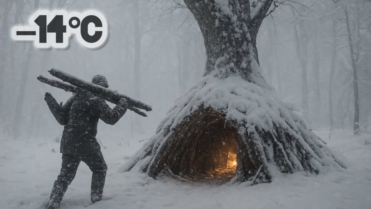 winter bushcraft camping in tree trunk : lost in snow forest- no sleeping bags- no gear -14°C 
