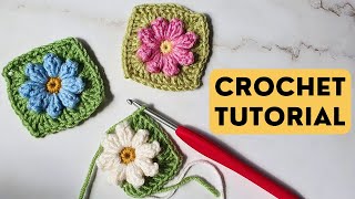 How to Crochet a Popcorn Flower Daisy Square (BEGINNER)