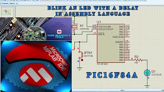 Blink an LED with a PIC16F84A microcontroller with a delay in assembly language.