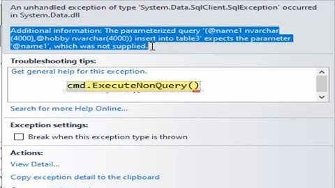 Visual Basic .Net Solve error expects the parameter which was not supplied in SQL server  Database .