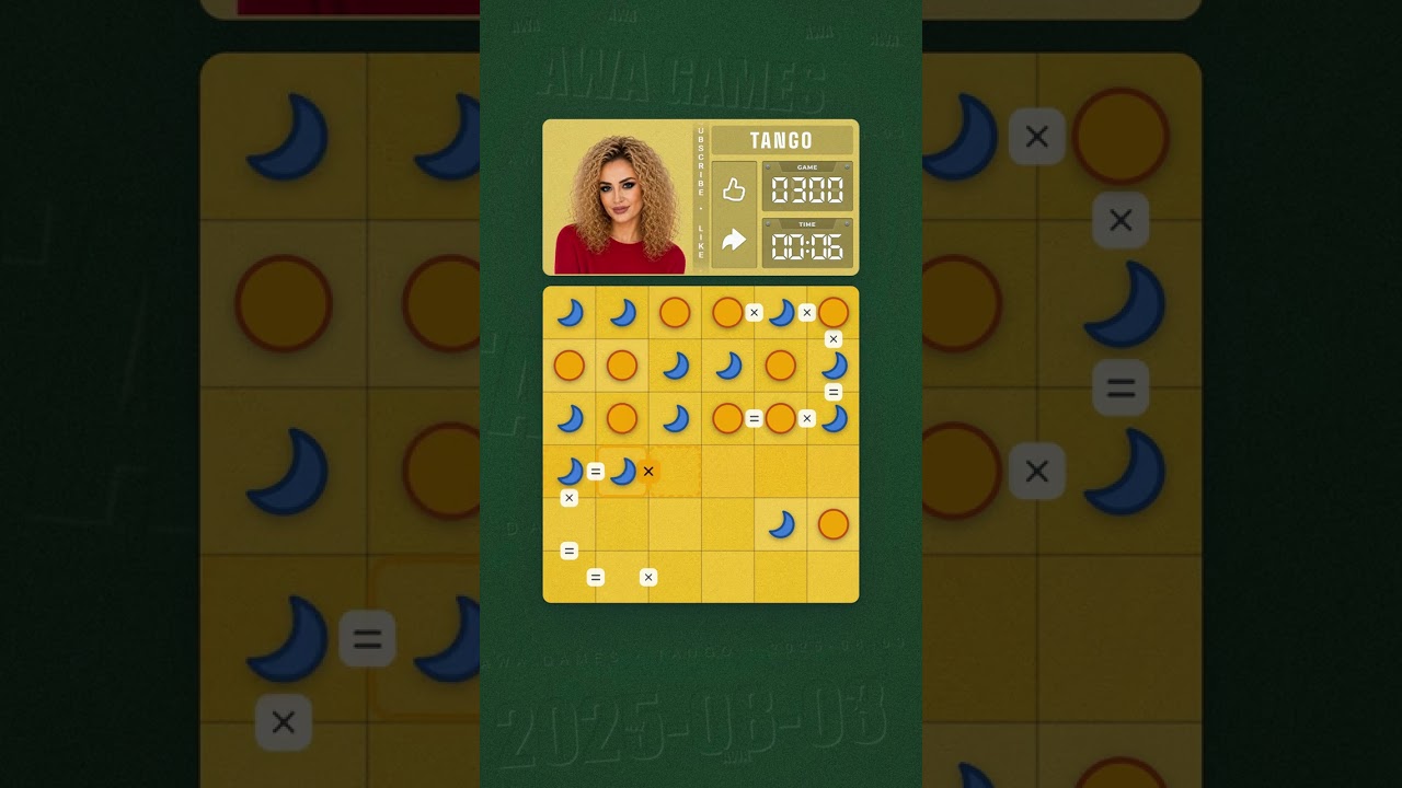 LinkedIn Tango #300 solved board for August 3, 2025, 6x6 grid