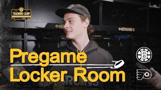 James Hagens speaks with media ahead of preseason matchup against the Flyers