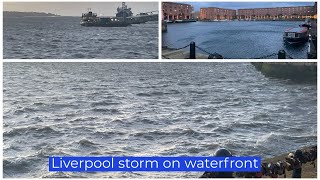 liverpool storm with big waves at liverpool waterfront ferry struggling to leave dock