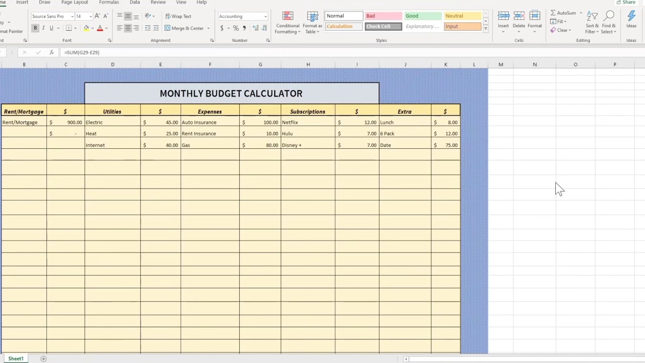 How to make a SIMPLE budget calculator in Excel YouTube