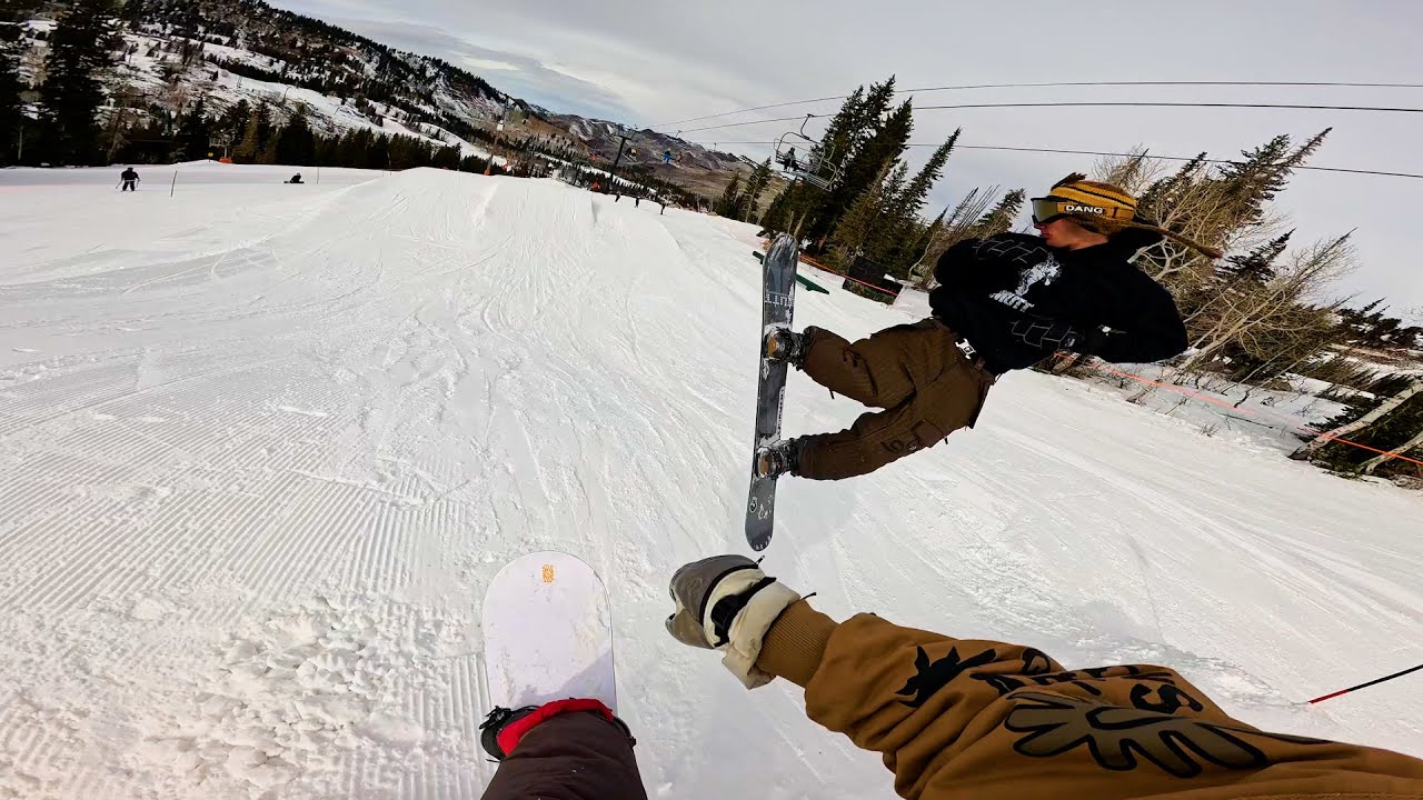 Брайтон, штат Юта, круги в парке. Сноубординг от первого лица.