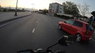 Stupid driver on red Volkswagen Polo came to the road from nowhere