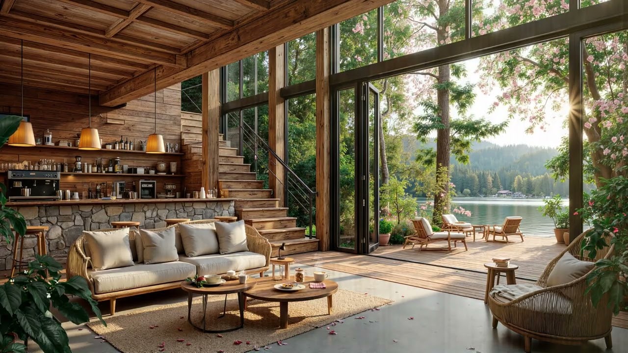 Golden Hour Lakeside Cabin Jazz Retreat | Cozy Indoor Spring Cafe for Deep Focus & Nature Therapy