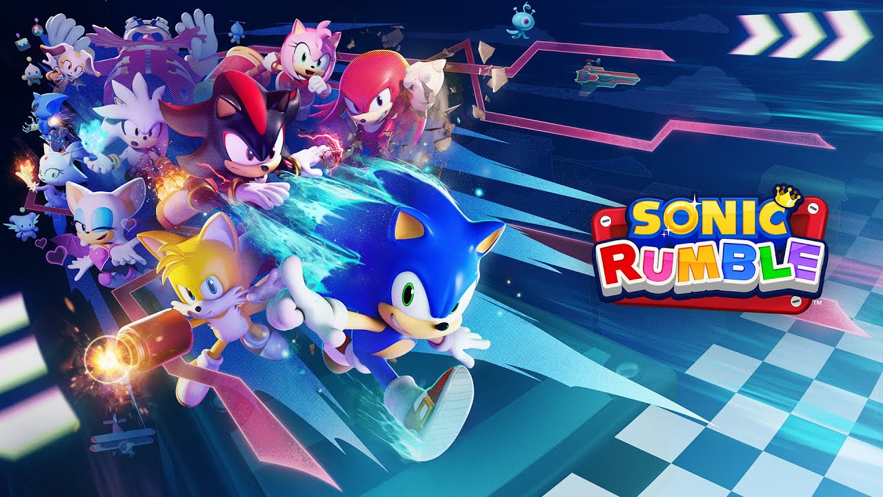 Imagem promocional de Sonic Rumble mostrando Sonic, Tails e Knuckles competindo em arenas coloridas com 32 jogadores.