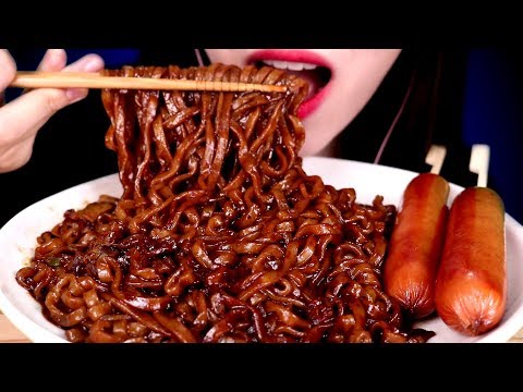 ASMR BLACK BEAN NOODLES Jjajangmyeon & Grilled Sausage ジャージャー麺を食べる 짜장면 먹방 MUKBANG EATING SOUNDS 咀嚼音