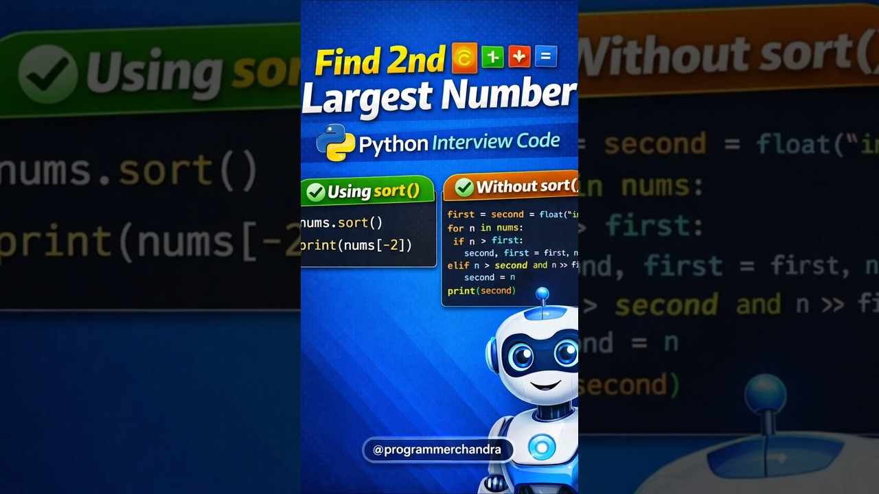Find 2nd Largest Number in Python | Using Sort & Without Sort | Python Interview Question Explained
