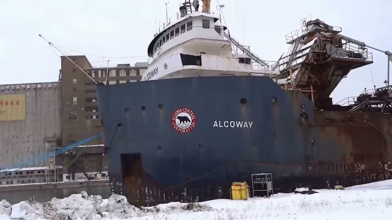 Ships wintering at Port Colborne, 2015, on the frozen Welland Canal