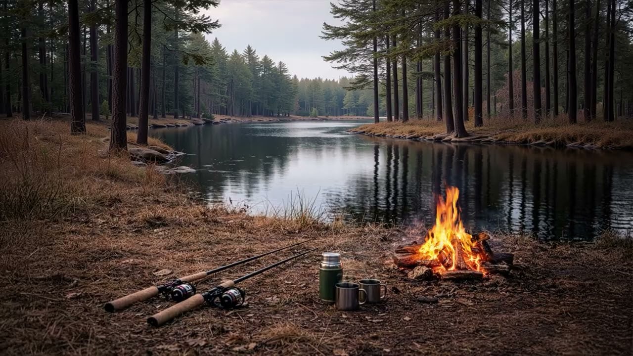 Cold Morning Fishing 🎣❄️ | Campfire by the Water & Peaceful Lake Sounds | Birds Y’all Live
