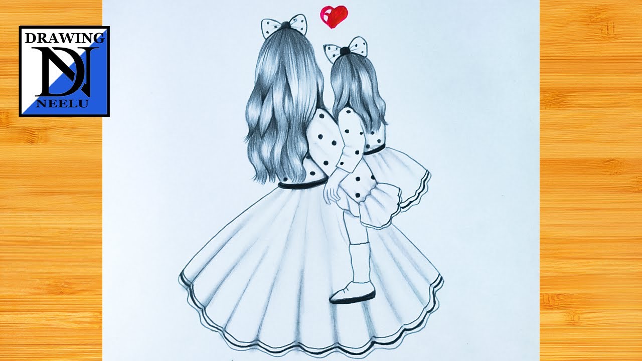 Easy way to draw mother's day drawing | Pencil drawing tutorial | mom and daughter beautiful dress