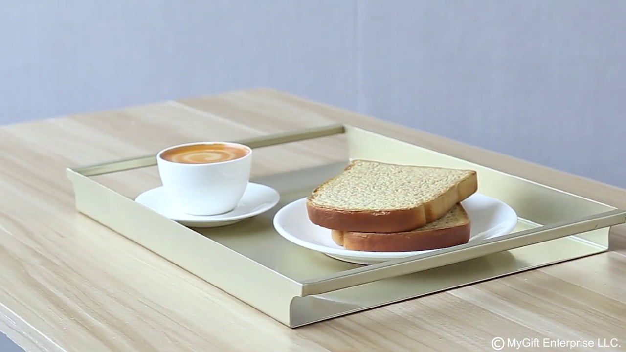 Vintage Style Light Gold-Tone Metal Decorative Serving Tray with Sleek Rounded Cutout Handles