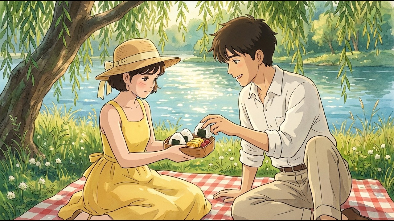 The soft feeling of falling in love 🍱. A shy picnic by the riverbank | Cozy Ghibli Style Animation