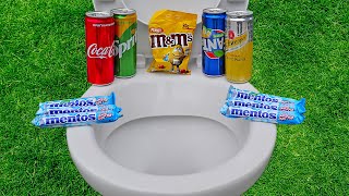 Experiment : M&amp;M CANDY vs Coca Cola, Fanta Sprite, Schweppes and Mentos in Toilet