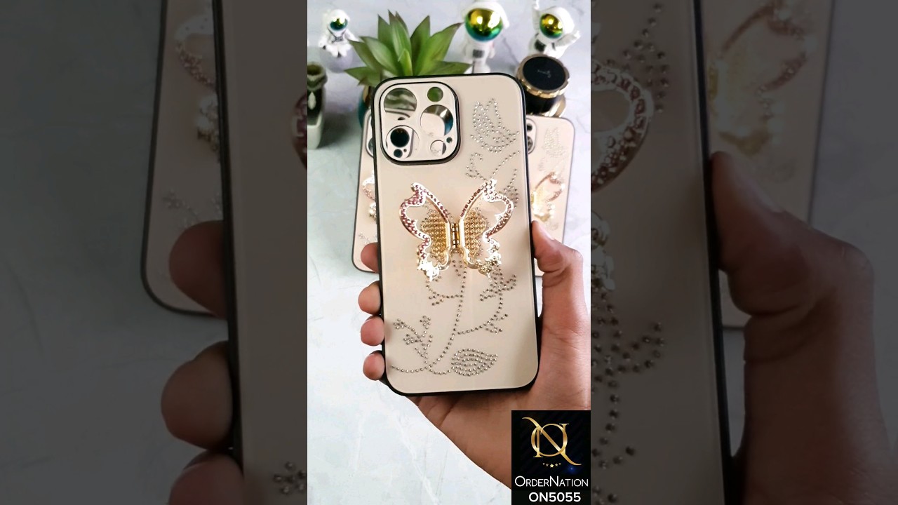 iPhone 14 Pro Cover - Golden - Tybomb Cute Shiny Rhinestones Butterfly Holder Stand Soft Borders Case